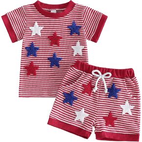 Babieshouse 4th of July Baby Boy Outfit Letter Flag Embroidery Short Sleeve T-shirt Top Shorts Waffle Fourth of July Clothes in Saudi Arabia