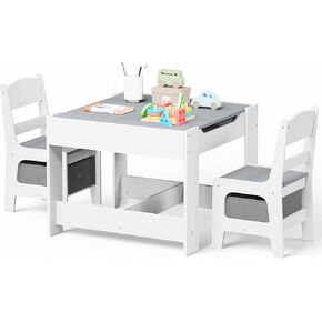 Kinder King Kids Wood Table & 2 Chairs Set, Blackboard, Grey & White | Storage, Children Activity Table, Studying, Drawing, Toddler Furniture Set for Playroom, Classroom, Daycare, Home, 3 Years+ in Kuwait