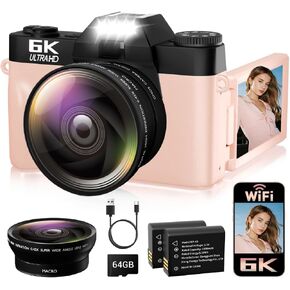 6K Digital Camera for Photography Autofocus, 64MP WiFi Vlogging Camera for YouTube with 3" 180° Flip Screen 16X Zoom, 64GB SD Card & 2 Batteries Pink Compact Travel Camera for Beginners Teens in Saudi Arabia