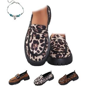 Women's Leopard-Print Suede Block-Heel Loafers,Premium Animal Print Loafers,Comfortable Suede Penny Womens Loafer Elegant Wide Low Heel Business Office Shoes in Kuwait