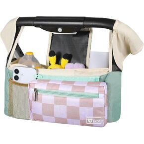 Universal Stroller Organizer with Insulated Cup Holders and Detachable Phone Bag,Stroller Caddy Fits for Stroller Accessories like Uppababy, Baby Jogger, Doona, Nuna Stroller (Green Square grid) in Kuwait