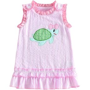 Toddler Girl Sea Turtle Embroidery Seersucker Ruffle Dress | Cute Ocean Themed Dress with Sea Turtle Embroidery, Striped Seersucker Fabric, Sleeveless, Ruffle Hem, Perfect for Beach in Saudi Arabia