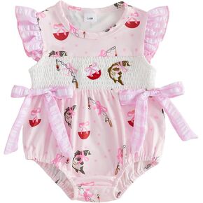Infant Baby Girl Outfit Fishing Themed Embroidery Flying Sleeve Smocked Bubble Romper Gingham Bodysuit Summer Clothes in Kuwait