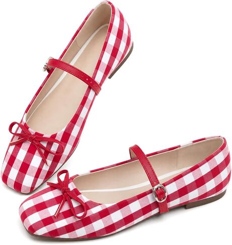 Women's Square Toe Bowknot Mary Jane Ballet Flats | Gingham Fabric,Dressy Casual,Adjustable Buckle Strap,Comfortable Fit,Soft Insole,Party Wedding in Kuwait