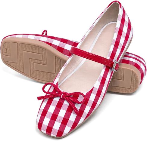 Women's Square Toe Bowknot Mary Jane Ballet Flats | Gingham Fabric,Dressy Casual,Adjustable Buckle Strap,Comfortable Fit,Soft Insole,Party Wedding in Kuwait