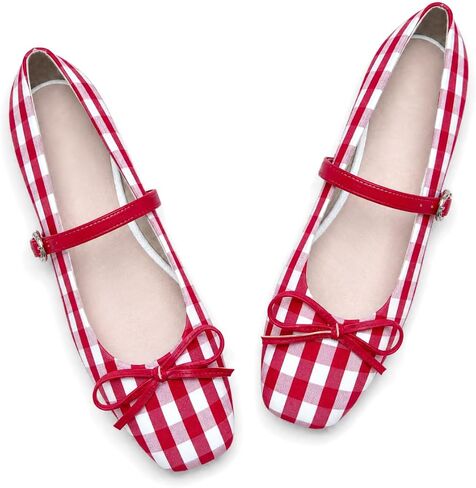 Women's Square Toe Bowknot Mary Jane Ballet Flats | Gingham Fabric,Dressy Casual,Adjustable Buckle Strap,Comfortable Fit,Soft Insole,Party Wedding in Kuwait