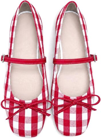 Women's Square Toe Bowknot Mary Jane Ballet Flats | Gingham Fabric,Dressy Casual,Adjustable Buckle Strap,Comfortable Fit,Soft Insole,Party Wedding in Kuwait