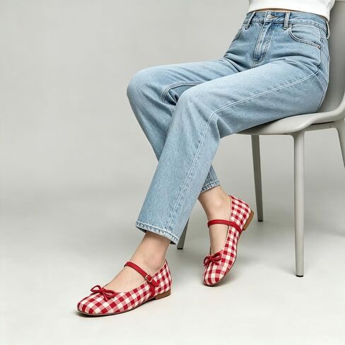 Women's Square Toe Bowknot Mary Jane Ballet Flats | Gingham Fabric,Dressy Casual,Adjustable Buckle Strap,Comfortable Fit,Soft Insole,Party Wedding in Kuwait