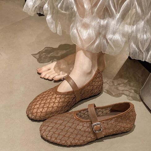Women Breathable Mesh Mary Jane Flats Buckle Strap Closed Toe Hollow Ballerina Shoes Casual Summer Office Dress Footwear in Kuwait