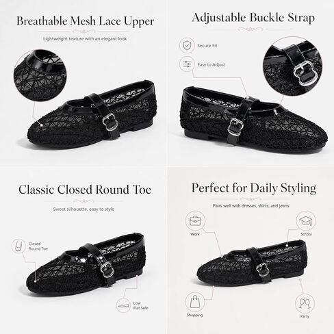 Women Breathable Mesh Mary Jane Flats Buckle Strap Closed Toe Hollow Ballerina Shoes Casual Summer Office Dress Footwear in Kuwait