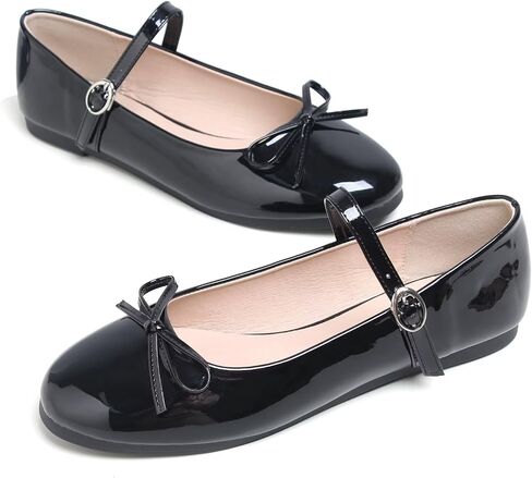 Hee grand Women's Patent Leather Mary Jane Flats Round Toe Ballet Flats with Bow Knot Adjustable Buckle Ankle Strap Comfortable Dress Shoes for Work in Kuwait