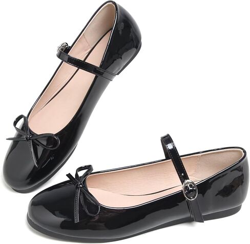 Hee grand Women's Patent Leather Mary Jane Flats Round Toe Ballet Flats with Bow Knot Adjustable Buckle Ankle Strap Comfortable Dress Shoes for Work in Kuwait