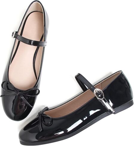 Hee grand Women's Patent Leather Mary Jane Flats Round Toe Ballet Flats with Bow Knot Adjustable Buckle Ankle Strap Comfortable Dress Shoes for Work in Kuwait