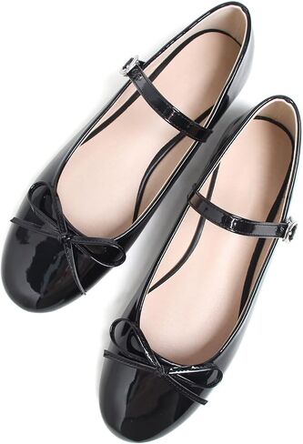 Hee grand Women's Patent Leather Mary Jane Flats Round Toe Ballet Flats with Bow Knot Adjustable Buckle Ankle Strap Comfortable Dress Shoes for Work in Kuwait