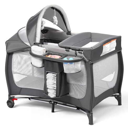 Kinder King 4 in 1 Portable Pack and Play, Baby Playard w/Bassinet, Black | Large Playpen for Infant and Toddler, Newborn Changing Table, Adjustable Canopy, Storage Basket, Travel Bag, 0-36 Months in Saudi Arabia