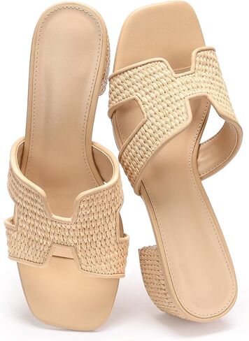 Raffia Heeled Sandals for Women Low Block Chunky Heels Cutout Strap Square Open Toe Mule Sandals Casual Summer Slip On Slides Natural Size 7 in Kuwait