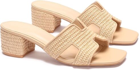 Raffia Heeled Sandals for Women Low Block Chunky Heels Cutout Strap Square Open Toe Mule Sandals Casual Summer Slip On Slides Natural Size 7 in Kuwait