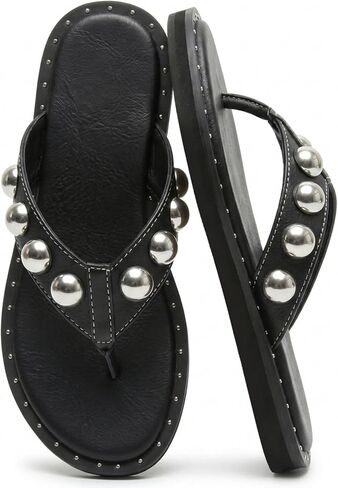 Riekhany Studded Thong Sandals for Women Round Clip Toe Slip On Flip Flops Slides Comfortable Contrast Tacked Slipper Shoes in Kuwait