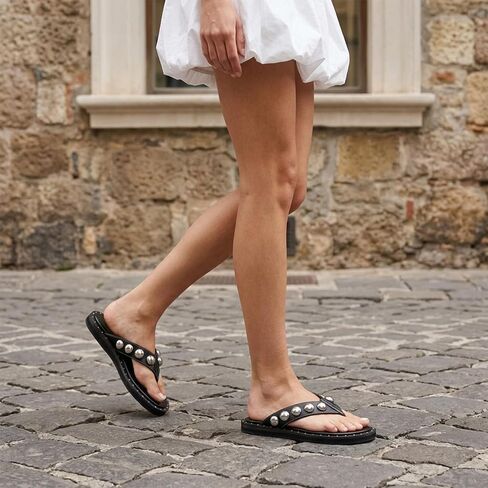 Riekhany Studded Thong Sandals for Women Round Clip Toe Slip On Flip Flops Slides Comfortable Contrast Tacked Slipper Shoes in Kuwait
