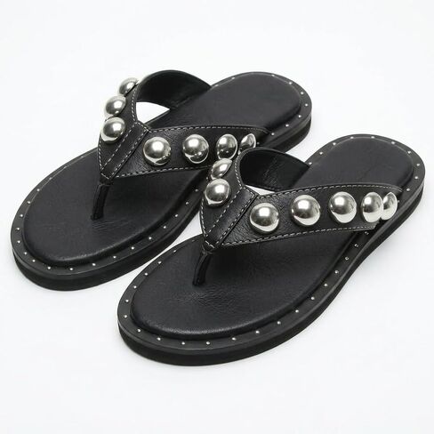 Riekhany Studded Thong Sandals for Women Round Clip Toe Slip On Flip Flops Slides Comfortable Contrast Tacked Slipper Shoes in Kuwait