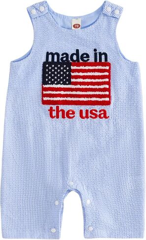Infant Baby Boy 4th of July Outfit American Flag Embroidery Romper Overalls Pants Patriotic Baby Clothes in Kuwait