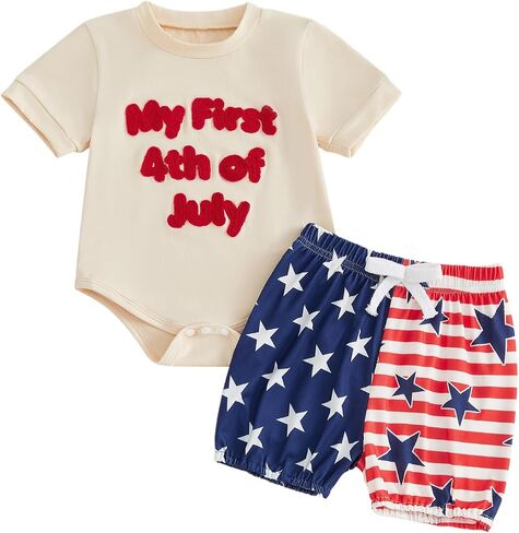 Douhoow My First 4th of July Baby Boy Outfit Letter Embroidery Baby Romper with Stripe Star Shorts Boys Patriotic Clothes in Kuwait