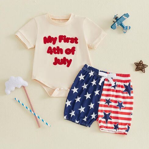 Douhoow My First 4th of July Baby Boy Outfit Letter Embroidery Baby Romper with Stripe Star Shorts Boys Patriotic Clothes in Kuwait