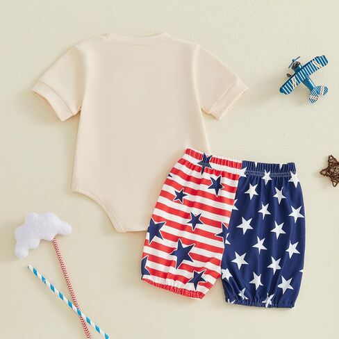 Douhoow My First 4th of July Baby Boy Outfit Letter Embroidery Baby Romper with Stripe Star Shorts Boys Patriotic Clothes in Kuwait