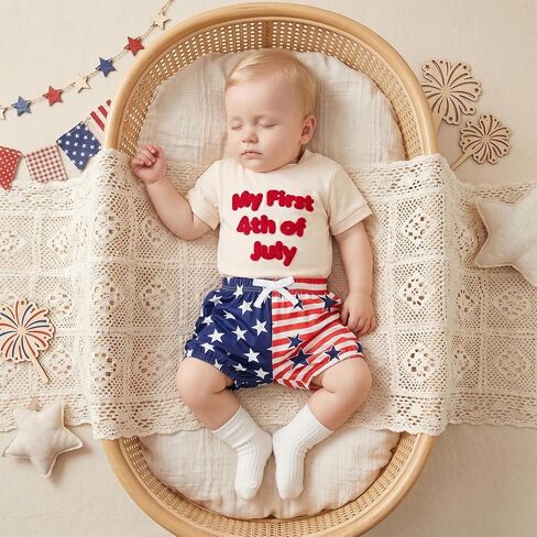 Douhoow My First 4th of July Baby Boy Outfit Letter Embroidery Baby Romper with Stripe Star Shorts Boys Patriotic Clothes in Kuwait