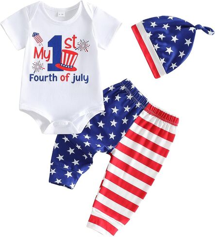 Bonangber Newborn Baby Boy 4th of July Outfit Short Sleeve Letter Romper and Star Pants Hat Baby Boy Coming Home Outfit 3Pcs in Kuwait