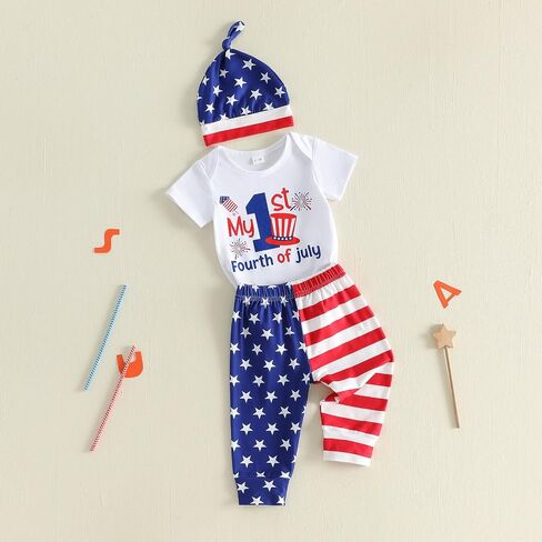 Bonangber Newborn Baby Boy 4th of July Outfit Short Sleeve Letter Romper and Star Pants Hat Baby Boy Coming Home Outfit 3Pcs in Kuwait