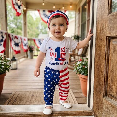 Bonangber Newborn Baby Boy 4th of July Outfit Short Sleeve Letter Romper and Star Pants Hat Baby Boy Coming Home Outfit 3Pcs in Kuwait