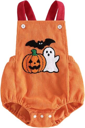 My First Halloween Baby Boy Girl Outfit Newborn Pumpkin Bubble Romper | Newborn Baby Halloween Pumpkin Ghost Bat Embroidered ﻿Corduroy Sleeveless Jumpsuit Overalls Fall Winter Cute Infant Clothes in Kuwait