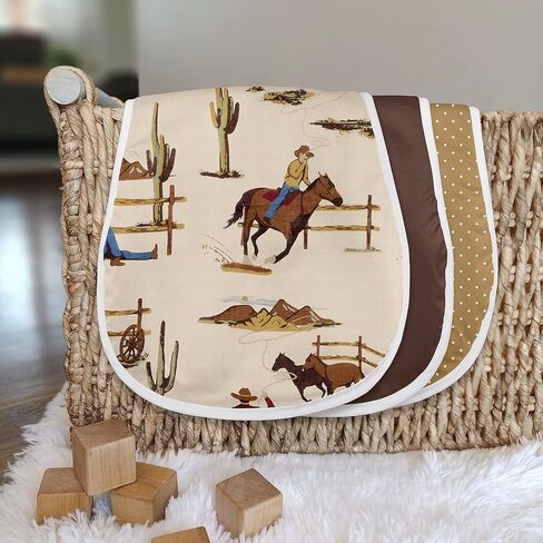 Sweet Jojo Designs Western Cowboy Baby Boy Absorbent Burp Cloths for Infant Newborn - Red Blue Tan Chocolate Brown and White Wild West Southern Country Horse - 3 Pack Set of Dribble Drool Cloths in Kuwait