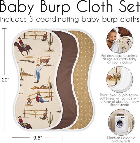 Sweet Jojo Designs Western Cowboy Baby Boy Absorbent Burp Cloths for Infant Newborn - Red Blue Tan Chocolate Brown and White Wild West Southern Country Horse - 3 Pack Set of Dribble Drool Cloths in Kuwait
