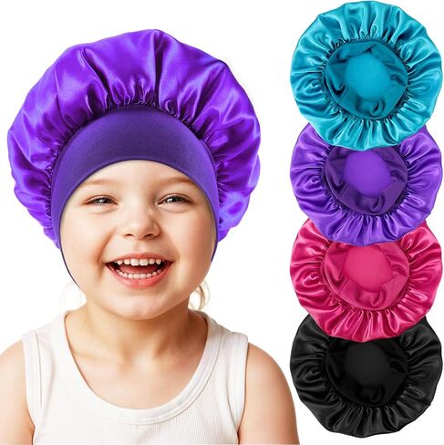 Kids Bonnets for Girls Sleeping, 4pcs Elastic Wide Band Silk Satin Bonnets for Curly Natural Hair, Sleep Cap Silk Bonnet forToddler Boys Children (Blue, Red, Black, Purple) in Kuwait