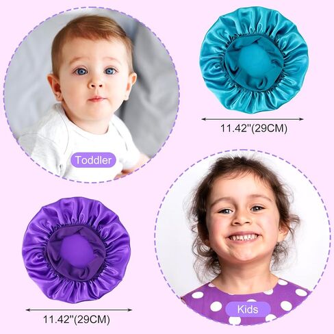 Kids Bonnets for Girls Sleeping, 4pcs Elastic Wide Band Silk Satin Bonnets for Curly Natural Hair, Sleep Cap Silk Bonnet forToddler Boys Children (Blue, Red, Black, Purple) in Kuwait