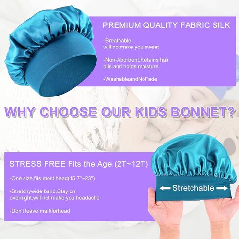 Kids Bonnets for Girls Sleeping, 4pcs Elastic Wide Band Silk Satin Bonnets for Curly Natural Hair, Sleep Cap Silk Bonnet forToddler Boys Children (Blue, Red, Black, Purple) in Kuwait