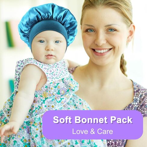 Kids Bonnets for Girls Sleeping, 4pcs Elastic Wide Band Silk Satin Bonnets for Curly Natural Hair, Sleep Cap Silk Bonnet forToddler Boys Children (Blue, Red, Black, Purple) in Kuwait