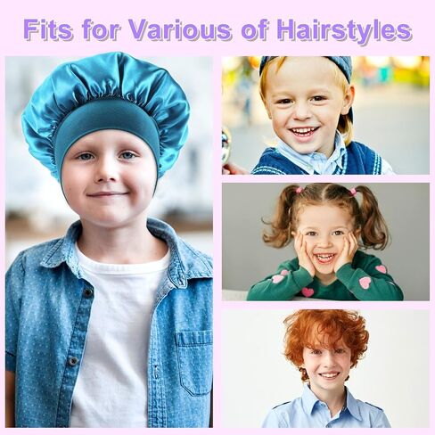 Kids Bonnets for Girls Sleeping, 4pcs Elastic Wide Band Silk Satin Bonnets for Curly Natural Hair, Sleep Cap Silk Bonnet forToddler Boys Children (Blue, Red, Black, Purple) in Kuwait