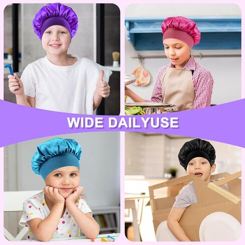 Kids Bonnets for Girls Sleeping, 4pcs Elastic Wide Band Silk Satin Bonnets for Curly Natural Hair, Sleep Cap Silk Bonnet forToddler Boys Children (Blue, Red, Black, Purple) in Kuwait