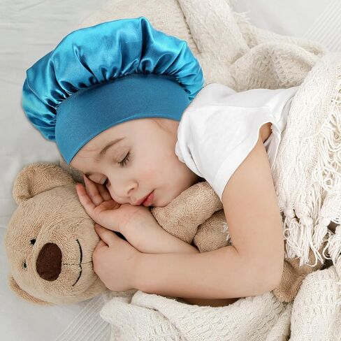 Kids Bonnets for Girls Sleeping, 4pcs Elastic Wide Band Silk Satin Bonnets for Curly Natural Hair, Sleep Cap Silk Bonnet forToddler Boys Children (Blue, Red, Black, Purple) in Kuwait