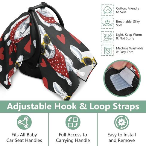 French Bulldog Heart Car Seat Cover Baby, Carseat Canopy Cover for Girl Boy, Breathable Baby Carrier Cover Stroller Sun Shade Universal Fit Breastfeeding Cover in Kuwait