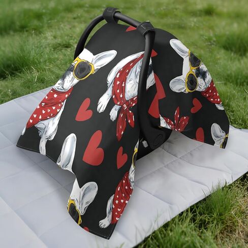 French Bulldog Heart Car Seat Cover Baby, Carseat Canopy Cover for Girl Boy, Breathable Baby Carrier Cover Stroller Sun Shade Universal Fit Breastfeeding Cover in Kuwait
