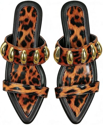BEAUDRM Women's Leopard Pointed Toe Flat Sandals Cheetah Double Strap Open Toe Dressy Sandal in Kuwait