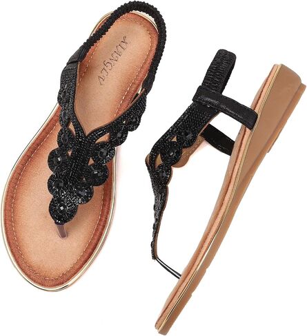 Women's Flat Thongs Sandals Rhinestone Beaded Bohemia Beach Shoes in Kuwait