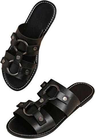 WDIRARA Women's Faux Leather Ring Buckle Flat Sandals Open Toe Wide Strap Slide Sandals in Kuwait