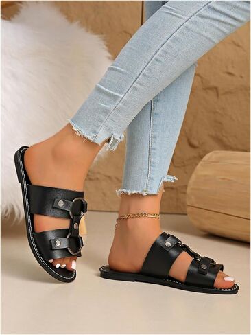 WDIRARA Women's Faux Leather Ring Buckle Flat Sandals Open Toe Wide Strap Slide Sandals in Kuwait