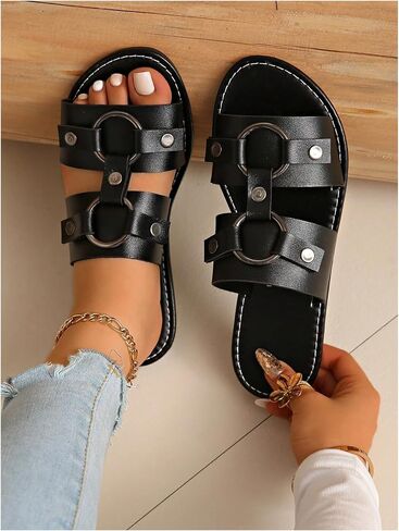 WDIRARA Women's Faux Leather Ring Buckle Flat Sandals Open Toe Wide Strap Slide Sandals in Kuwait