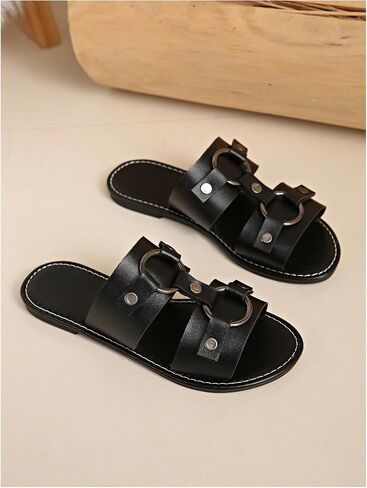 WDIRARA Women's Faux Leather Ring Buckle Flat Sandals Open Toe Wide Strap Slide Sandals in Kuwait